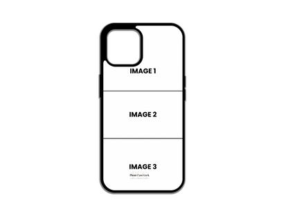 Template layout for 3 Photo Collage Custom Phone Case for iPhone, showcasing design options for photo placement.