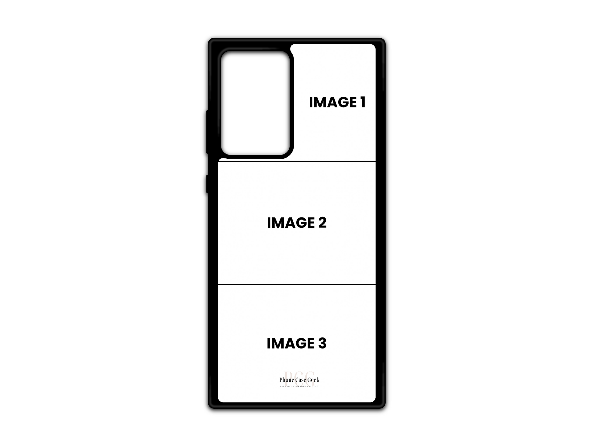 Template for 3 photo collage custom phone case compatible with Samsung Galaxy S21 Ultra, Note 20, and Note 20 Ultra models, featuring layout for personalized photo design.