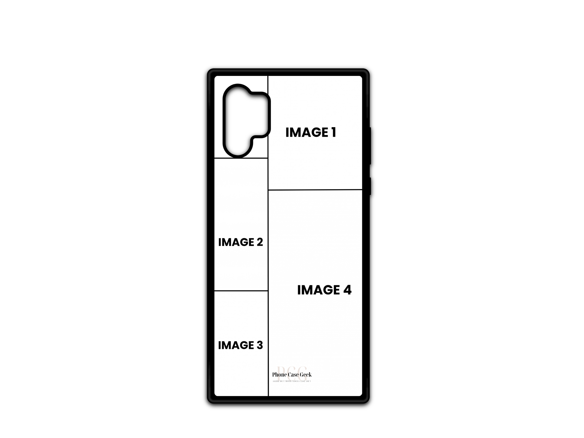 Template for 4 Photo Collage Custom Phone Case for Samsung Galaxy Note 10, with placeholders for four photos.
