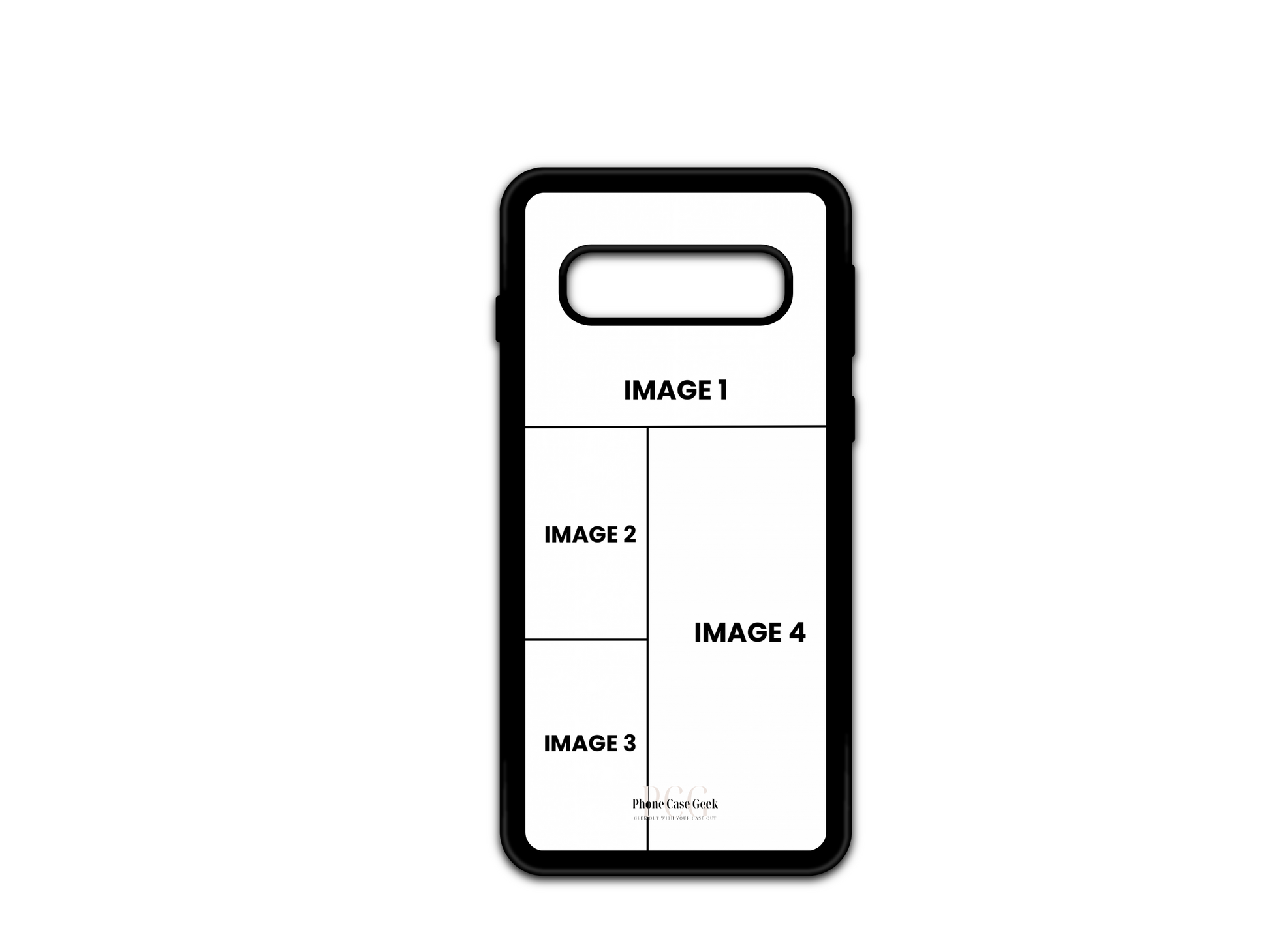 Template for 4 Photo Collage Custom Phone Case for Samsung Galaxy S10, S10e, with placeholders for four photos.