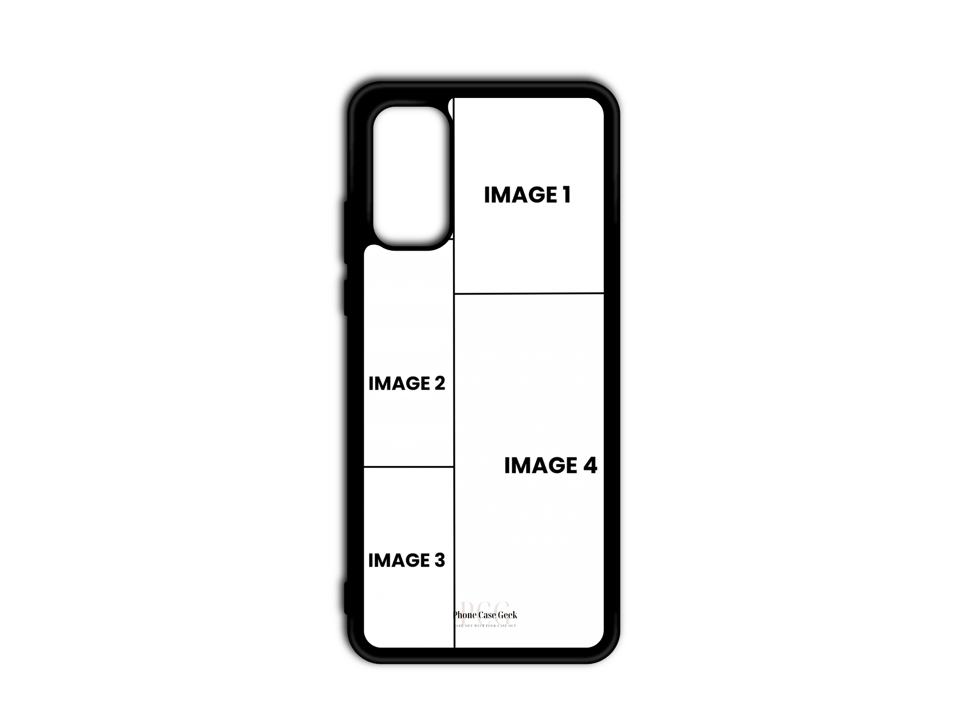 Template for 4 Photo Collage Custom Phone Case for Samsung Galaxy S20, S20 Plus, S20 Ultra, S20 FE, with placeholders for four photos.