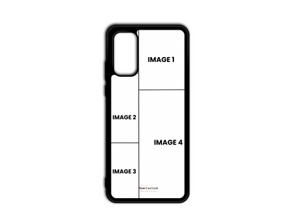 Template for 4 Photo Collage Custom Phone Case for Samsung Galaxy S20, S20 Plus, S20 Ultra, S20 FE, with placeholders for four photos.