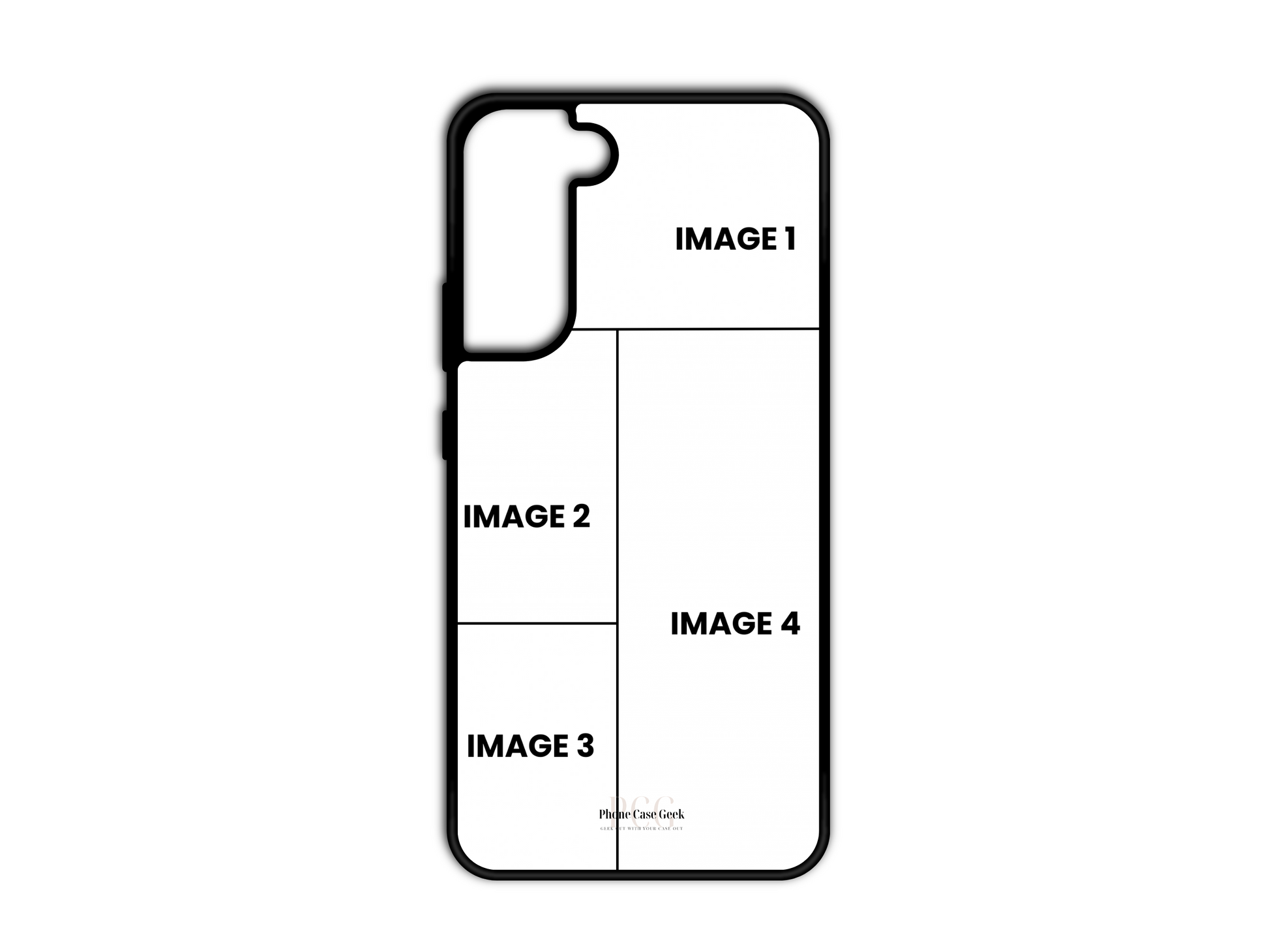 Template for 4 Photo Collage Custom Phone Case for Samsung Galaxy S21 & S21 Plus, with placeholders for four photos.
