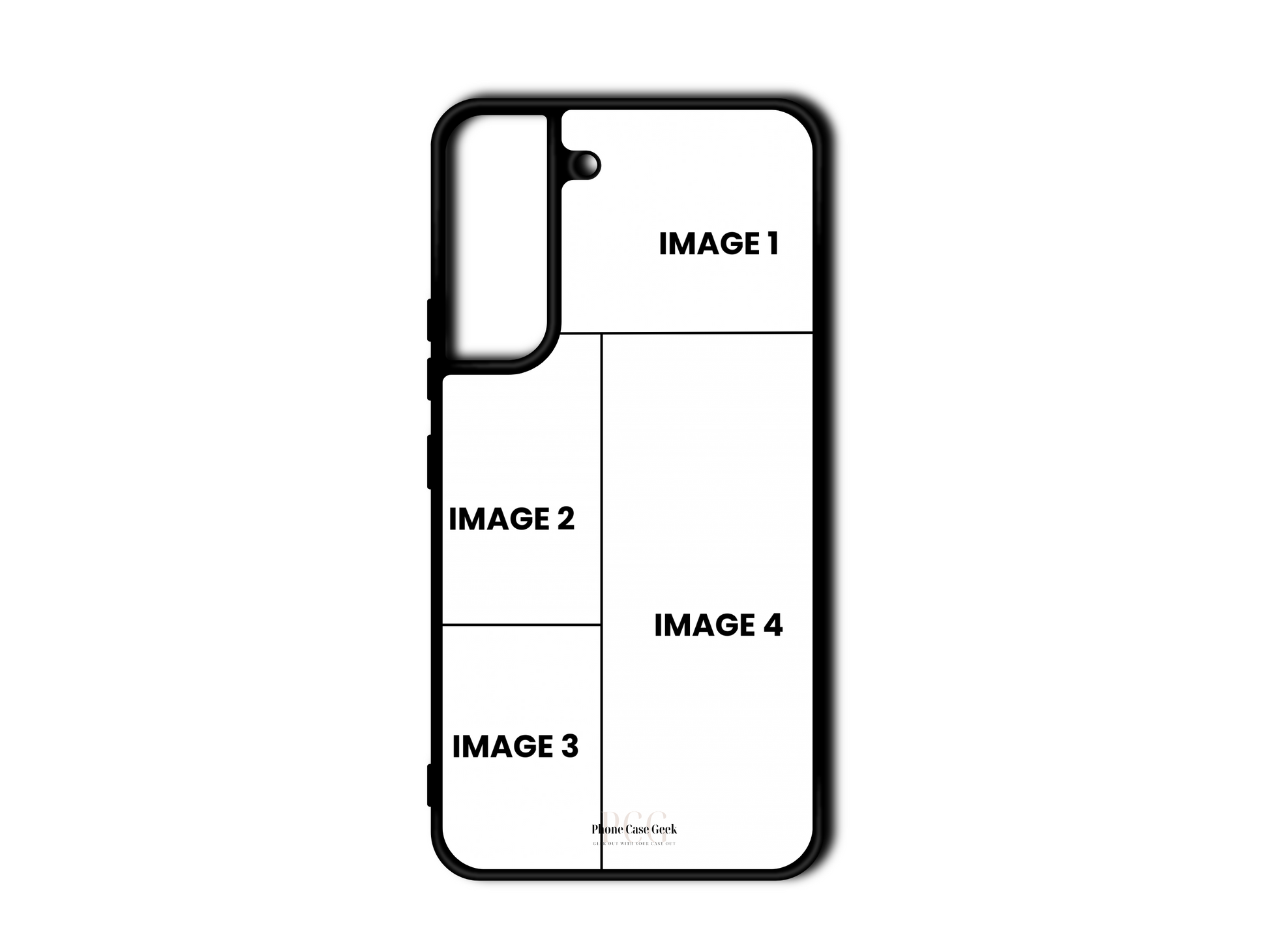 Template for 4 Photo Collage Custom Phone Case for Samsung Galaxy S22 & S22 Plus, with placeholders for four photos.