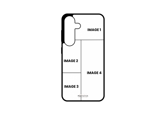 Template for 4 Photo Collage Custom Phone Case for Samsung Galaxy S24, S24 Plus, with placeholders for four photos.