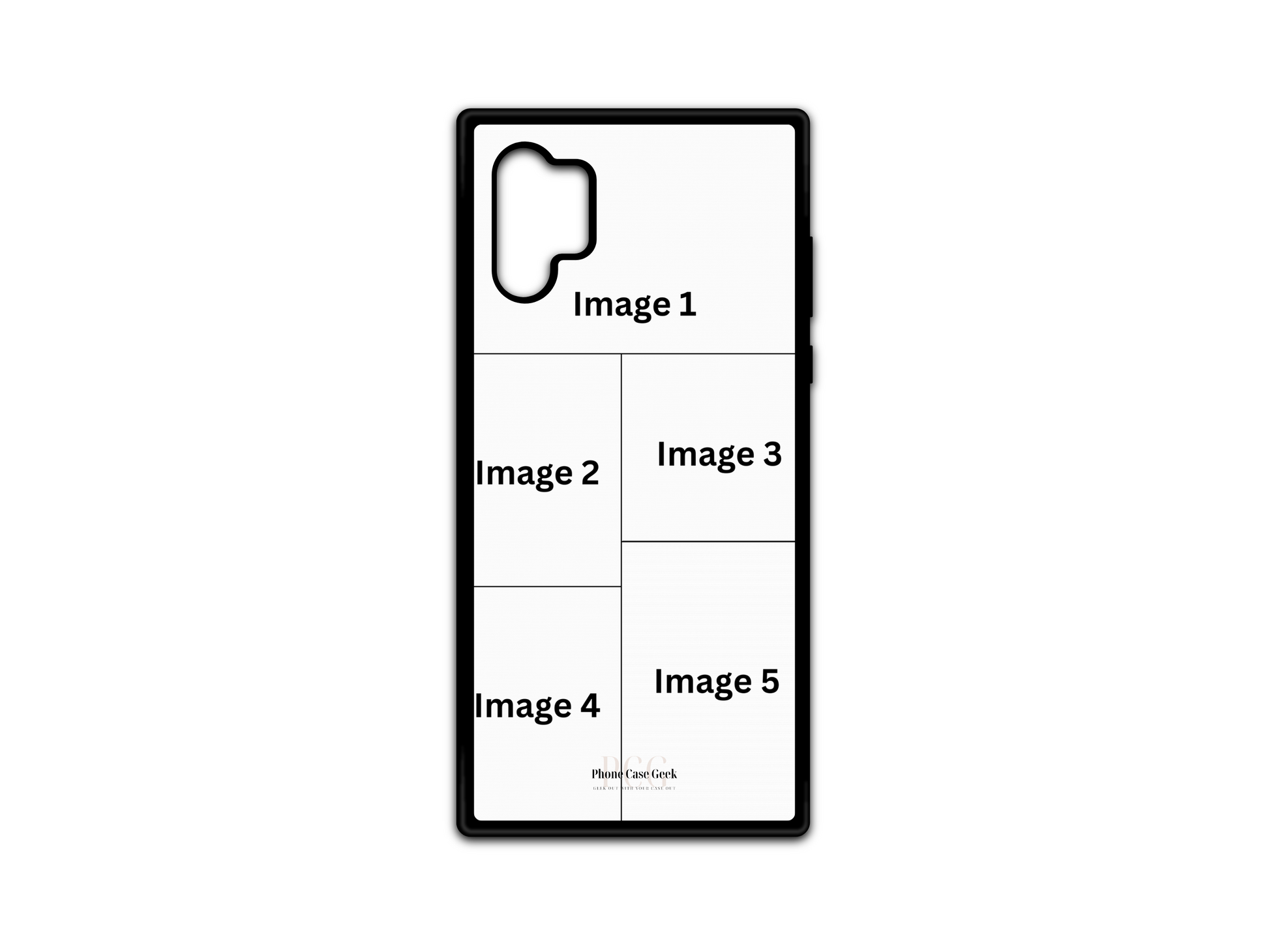 Template for 5 Photo Collage Custom Phone Case for Samsung Galaxy Note 10 with customizable photo placeholders.
