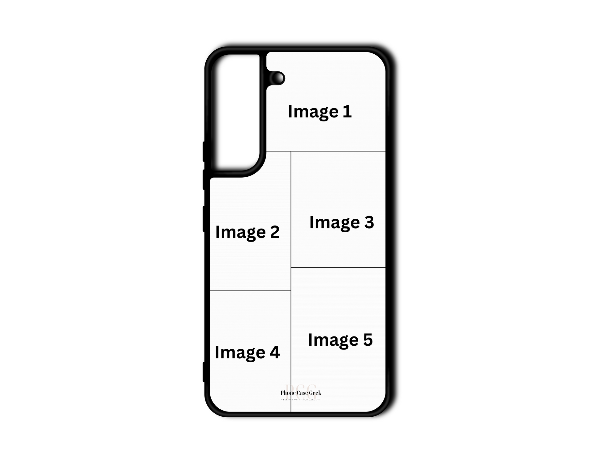 5 Photo Collage Custom Phone Case Template for Samsung Galaxy S22 & S22 Plus, with customizable photo placeholders.