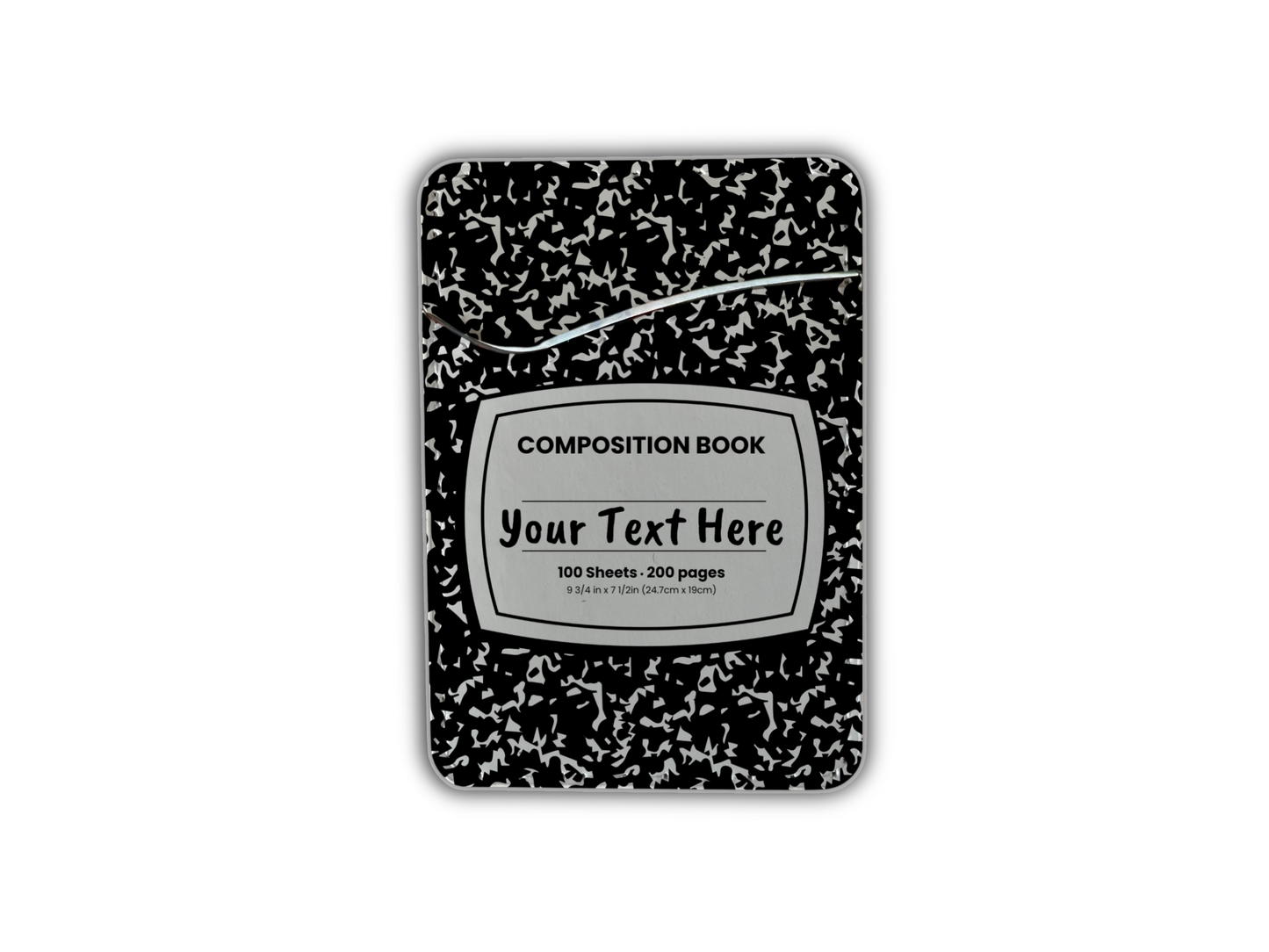Classic black and white composition notebook design phone adhesive wallet/card holder with customizable text area in the middle.
