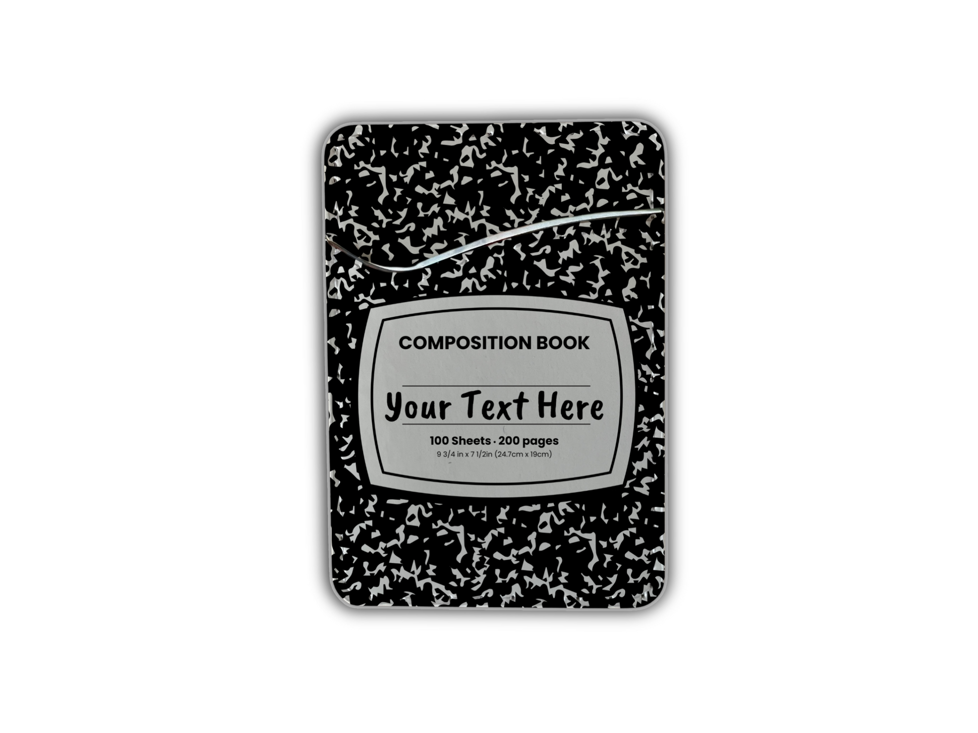 Classic black and white composition notebook design phone adhesive wallet/card holder with customizable text area in the middle.