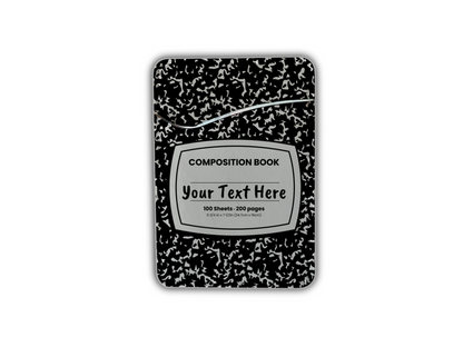 Classic black and white composition notebook design phone adhesive wallet/card holder with customizable text area in the middle.