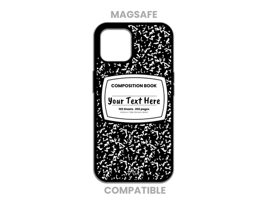 MagSafe phone case for iPhone featuring a black composition notebook design with customizable text across the front.