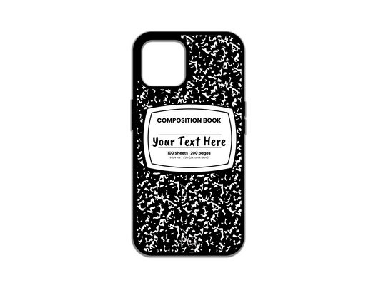 Phone case for iPhone featuring a black composition notebook design with customizable text across the front.