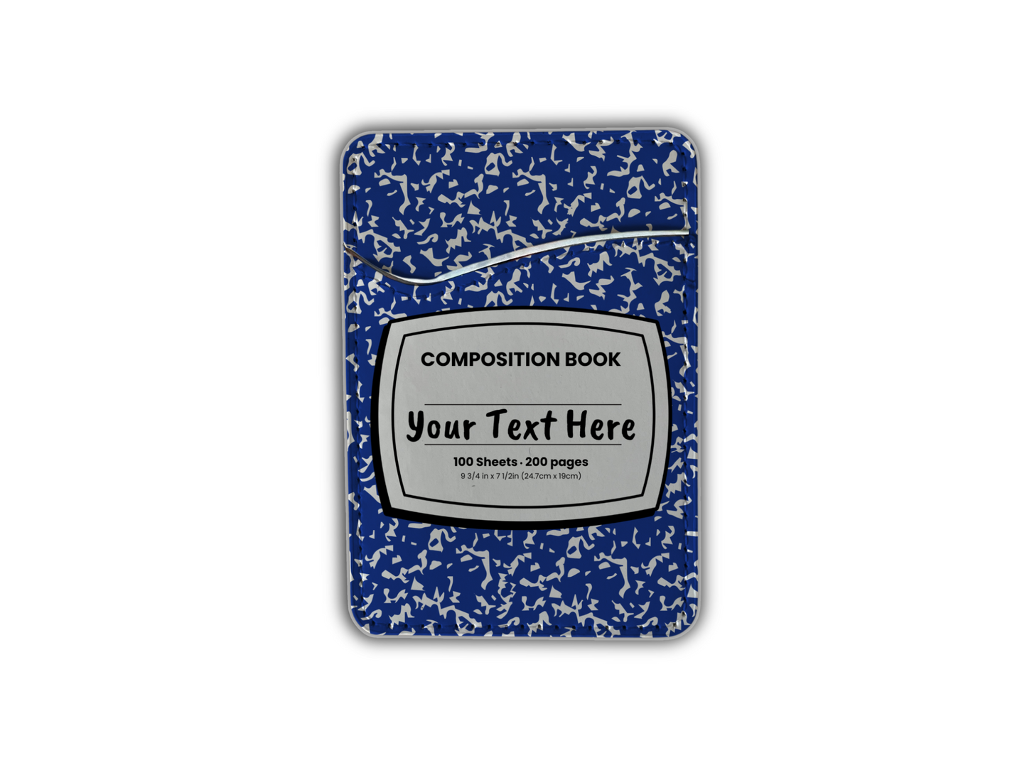Blue and white composition notebook design phone adhesive wallet/card holder with customizable text area in the middle.