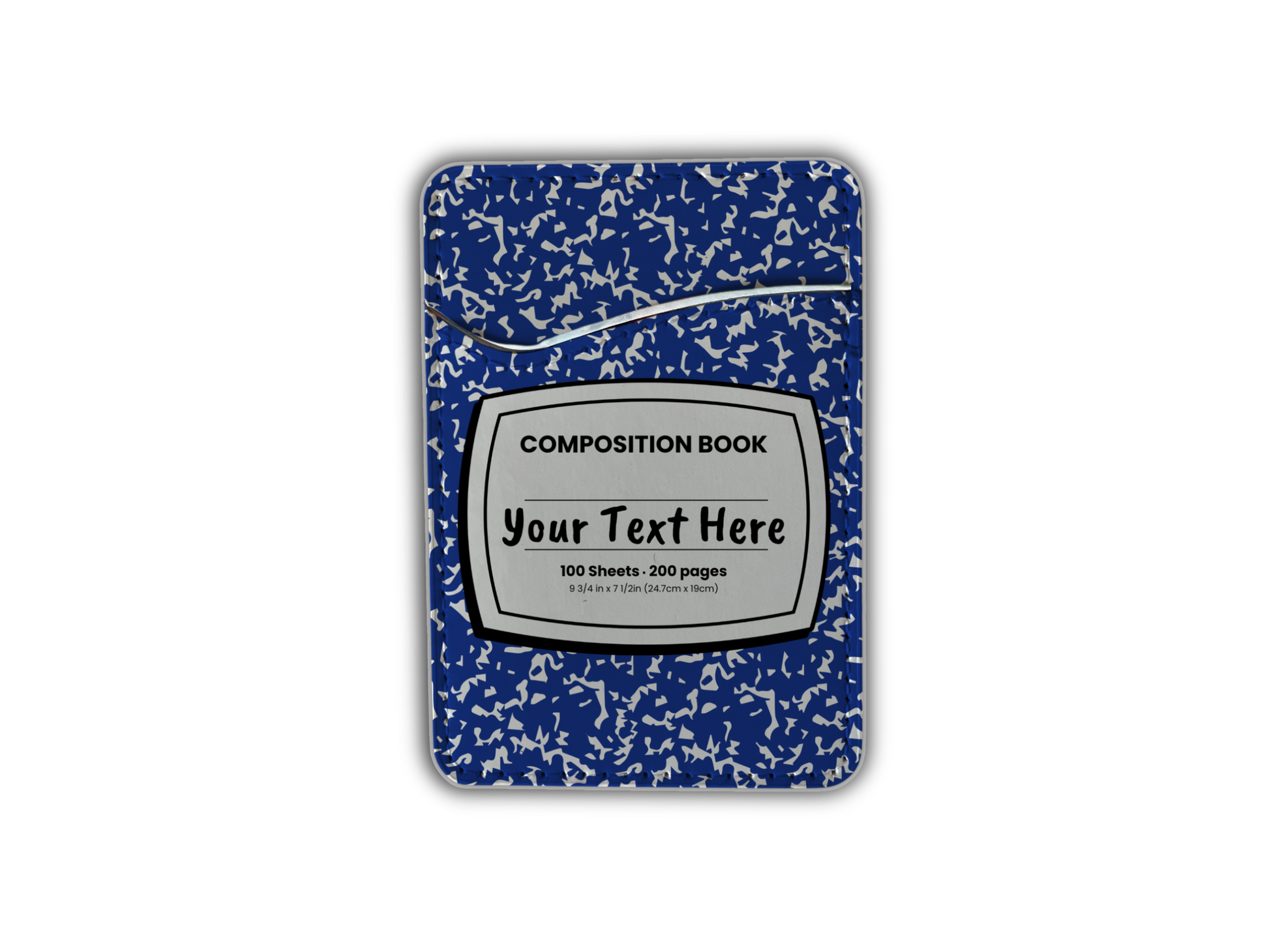 Blue and white composition notebook design phone adhesive wallet/card holder with customizable text area in the middle.