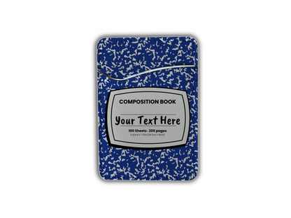 Blue and white composition notebook design phone adhesive wallet/card holder with customizable text area in the middle.