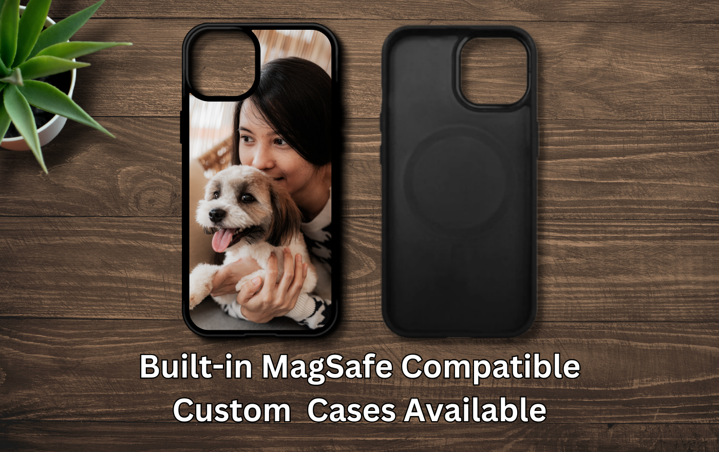 Built-in Custom MagSafe compatible phone case showing front and back with personalized photo design.