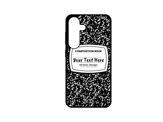 Phone case for Samsung Galaxy S24 and S24 Plus, featuring a black and white composition notebook design with a custom text placeholder in the middle.