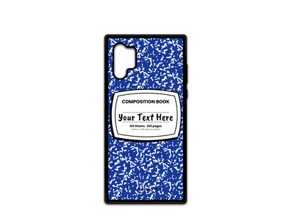 Phone case for Samsung Galaxy Note 10, featuring a blue and white composition notebook design with a custom text placeholder in the middle.