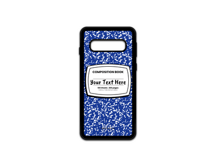 Phone case for Samsung Galaxy S10, S10 5G and S10e, featuring a blue and white composition notebook design with a custom text placeholder in the middle.