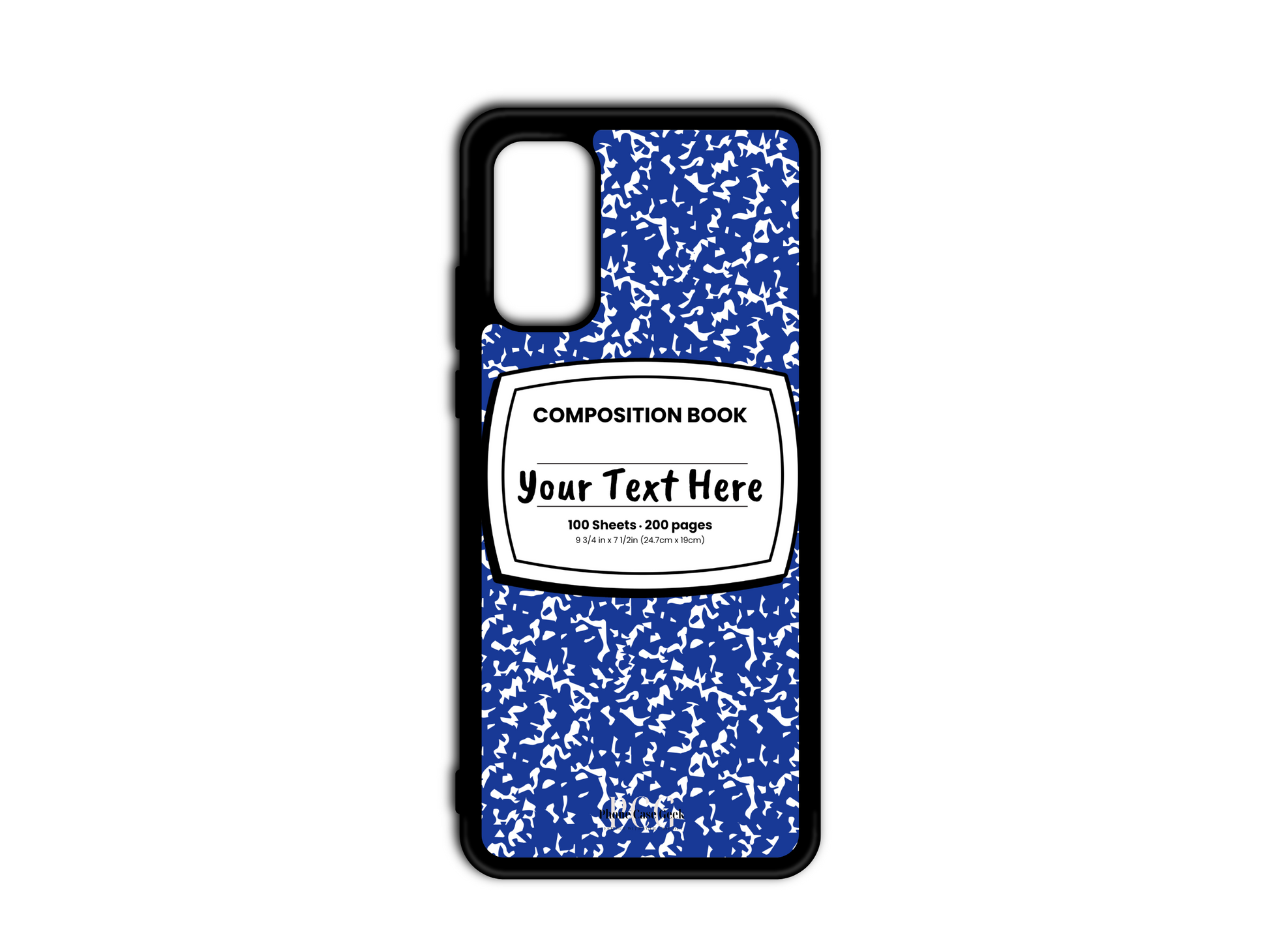 Phone case for Samsung Galaxy S20 and S20 Plus, S20 Ultra, and S20 FE, featuring a blue and white composition notebook design with a custom text placeholder in the middle.