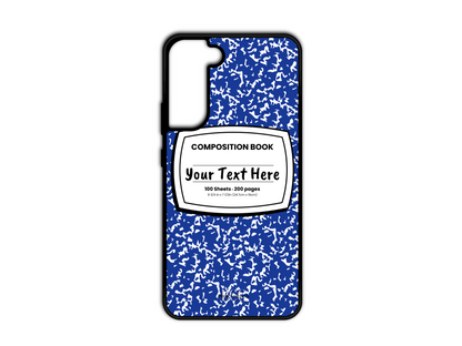 Phone case for Samsung Galaxy S21 and S21 Plus, featuring a blue and white composition notebook design with a custom text placeholder in the middle.