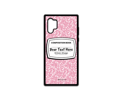 Phone case for Samsung Galaxy Note 10, featuring a pink and white composition notebook design with a custom text placeholder in the middle.