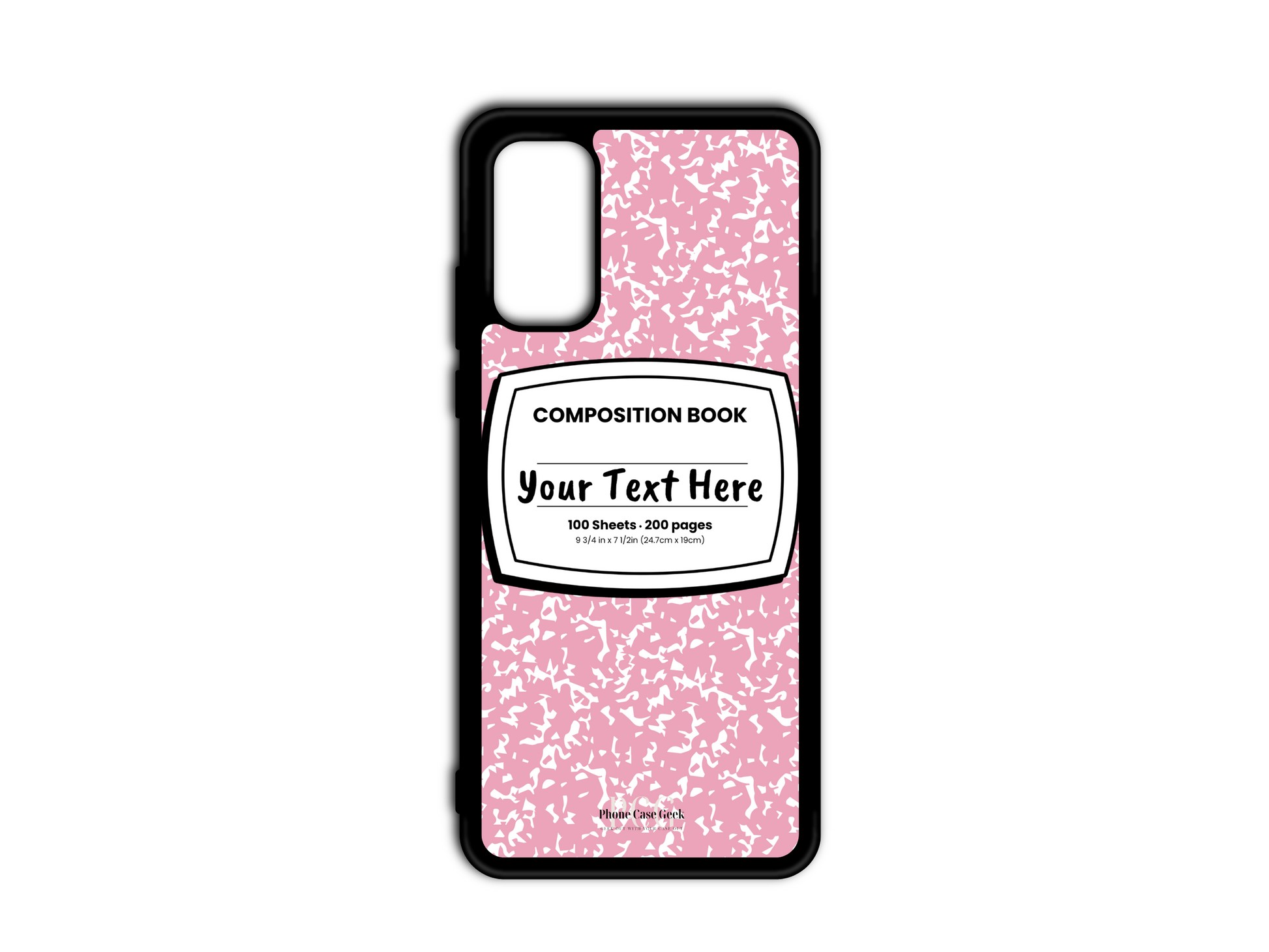 Phone case for Samsung Galaxy S20 and S20 Plus, S20 Ultra, and S20 FE, featuring a pink and white composition notebook design with a custom text placeholder in the middle.