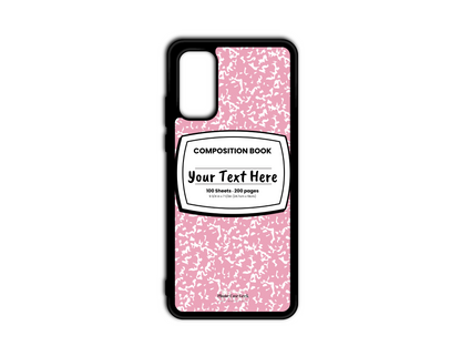 Phone case for Samsung Galaxy S20 and S20 Plus, S20 Ultra, and S20 FE, featuring a pink and white composition notebook design with a custom text placeholder in the middle.