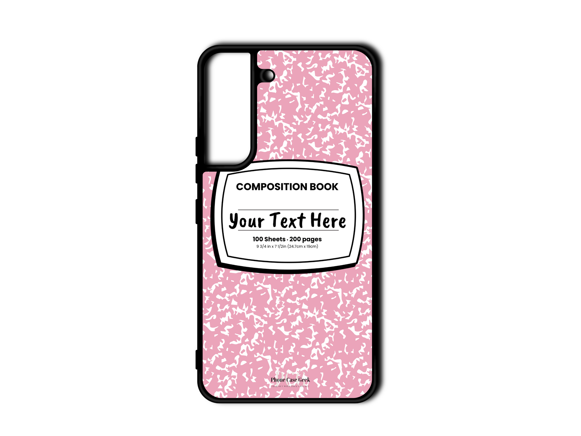 Phone case for Samsung Galaxy S22 and S22 Plus, featuring a pink and white composition notebook design with a custom text placeholder in the middle.