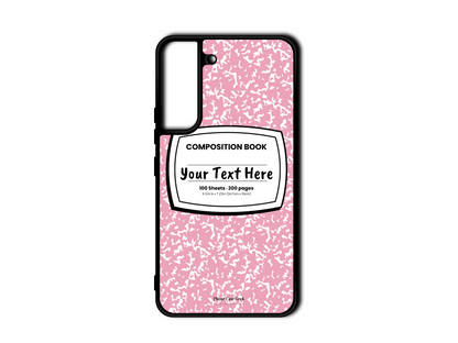 Phone case for Samsung Galaxy S22 and S22 Plus, featuring a pink and white composition notebook design with a custom text placeholder in the middle.
