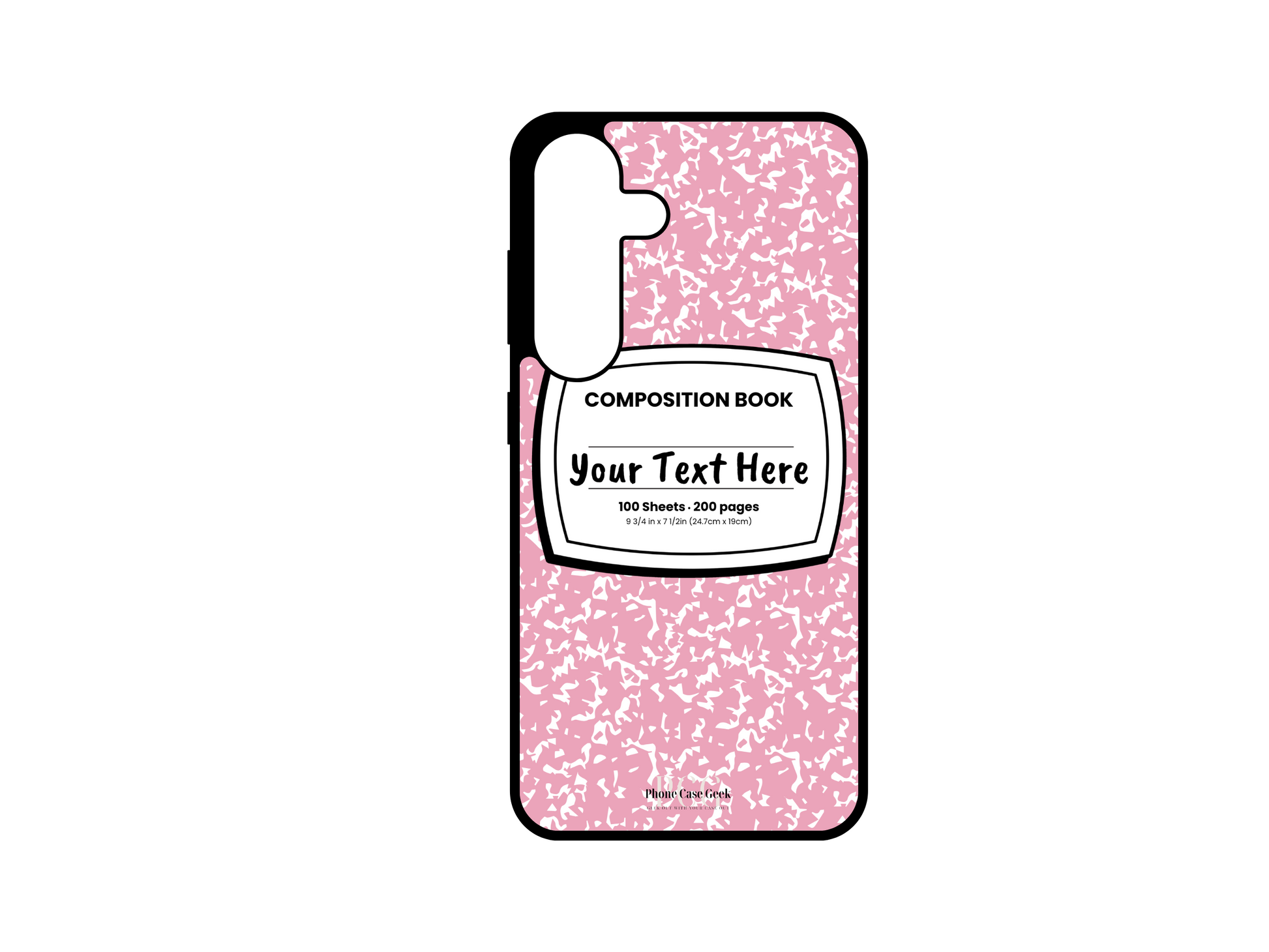 Phone case for Samsung Galaxy S24 and S24 Plus, featuring a pink and white composition notebook design with a custom text placeholder in the middle.