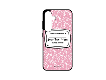 Phone case for Samsung Galaxy S24 and S24 Plus, featuring a pink and white composition notebook design with a custom text placeholder in the middle.