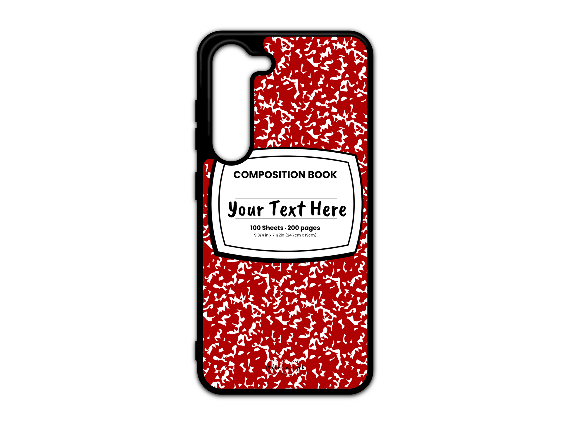 Phone case for Samsung Galaxy S23 and S23 Plus, featuring a red and white composition notebook design with a custom text placeholder in the middle.