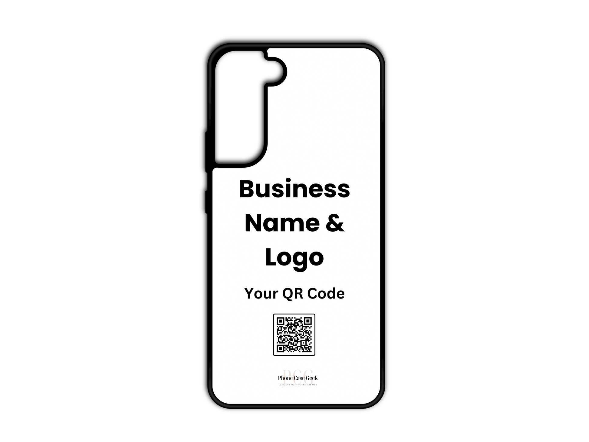 Template design for a custom business logo and QR code phone case for Samsung Galaxy S21 & S21 Plus, showcasing layout placement for personalization.