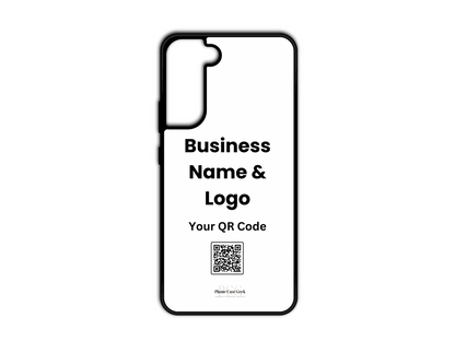Template design for a custom business logo and QR code phone case for Samsung Galaxy S21 & S21 Plus, showcasing layout placement for personalization.