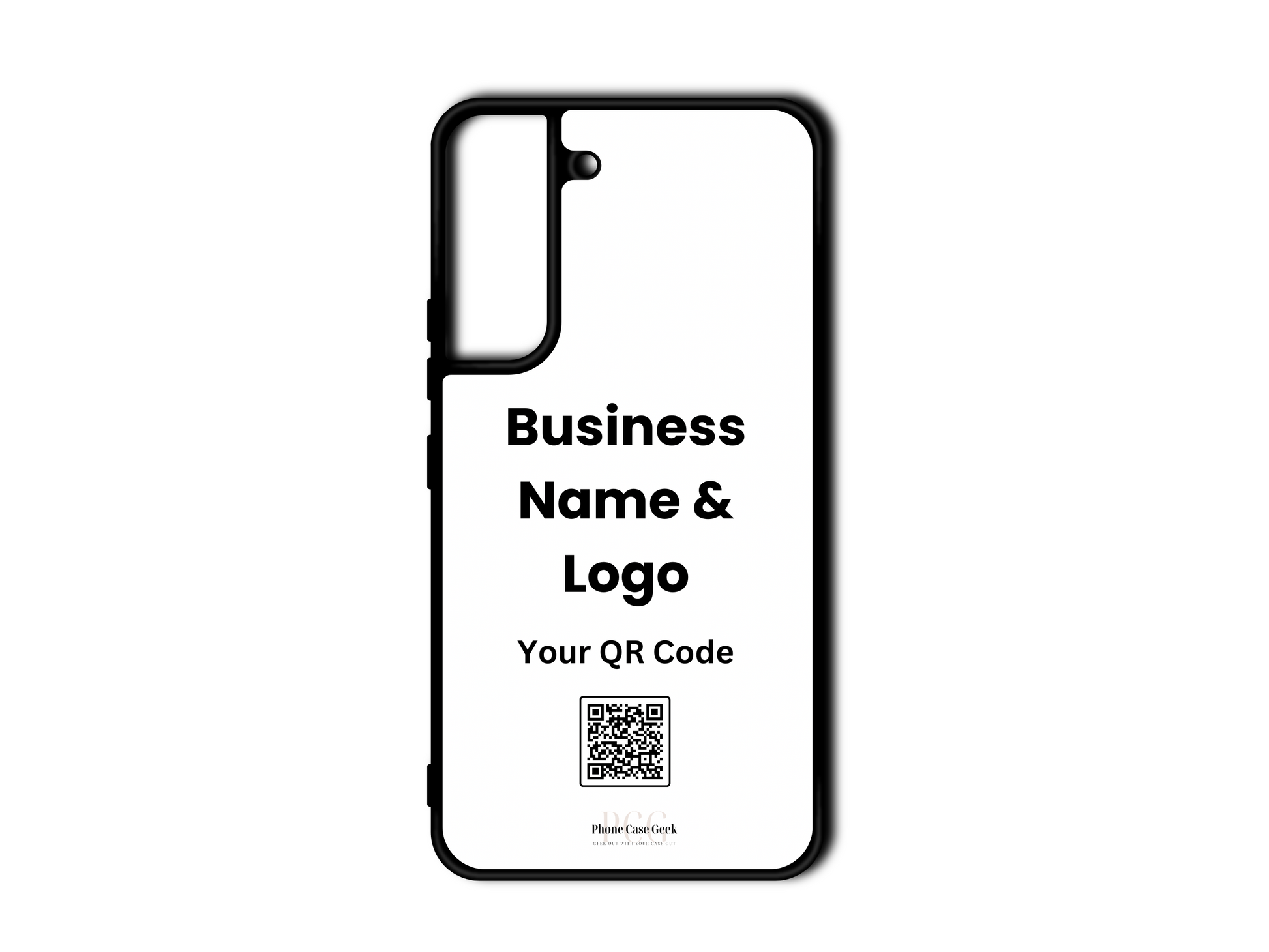 Template design for a custom business logo and QR code phone case for Samsung Galaxy S22 & S22 Plus, showcasing layout placement for personalization.