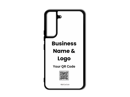 Template design for a custom business logo and QR code phone case for Samsung Galaxy S22 & S22 Plus, showcasing layout placement for personalization.