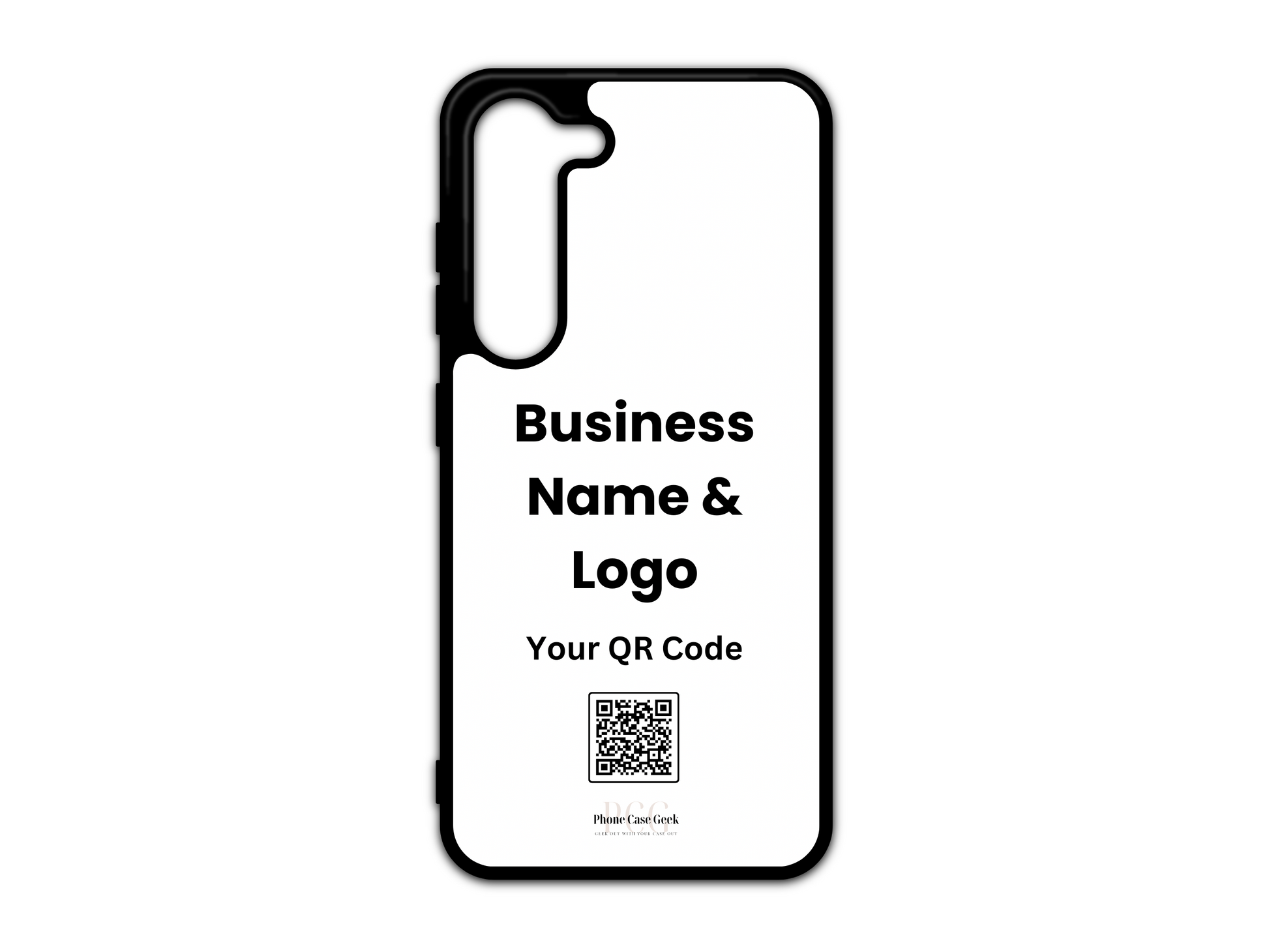 Template design for a custom business logo and QR code phone case for Samsung Galaxy S23 & S23 Plus, showcasing layout placement for personalization.