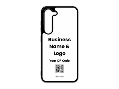 Template design for a custom business logo and QR code phone case for Samsung Galaxy S23 & S23 Plus, showcasing layout placement for personalization.