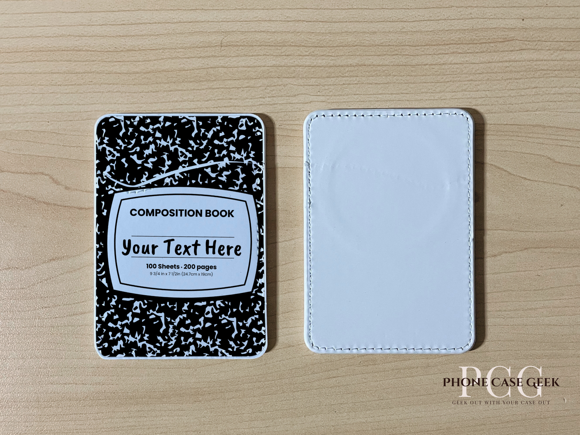 Custom Magsafe phone wallet/card holder with black and white composition notebook design on a wooden surface.