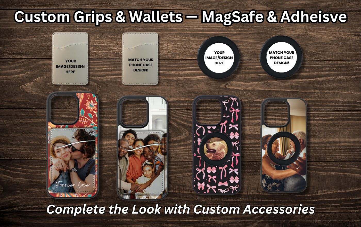 Custom MagSafe and adhesive phone grips and wallets - match phone case design or upload your own image.