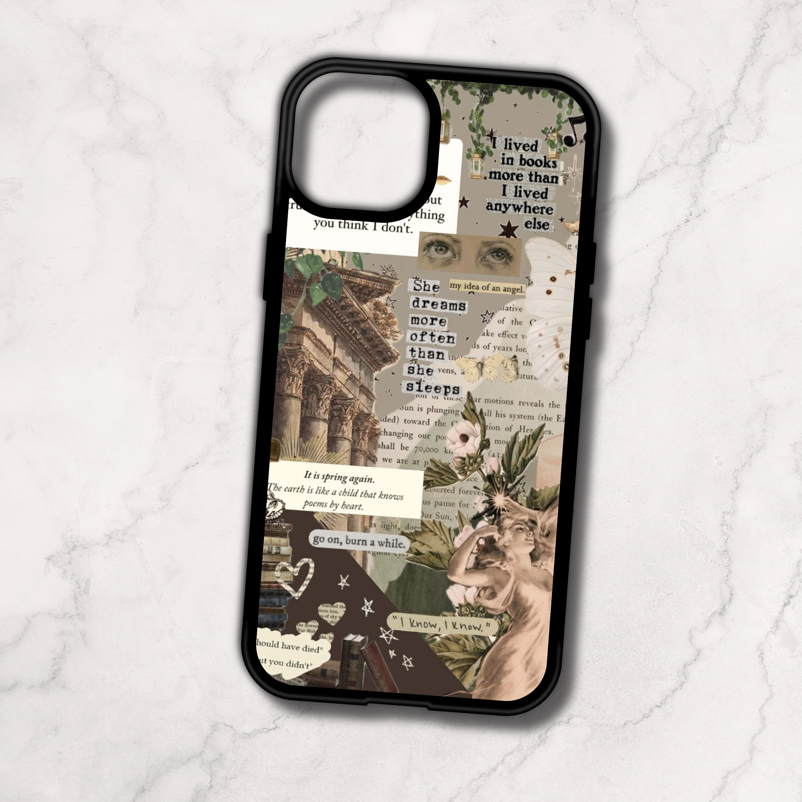 Custom phone case with collage design featuring text and images on a white background