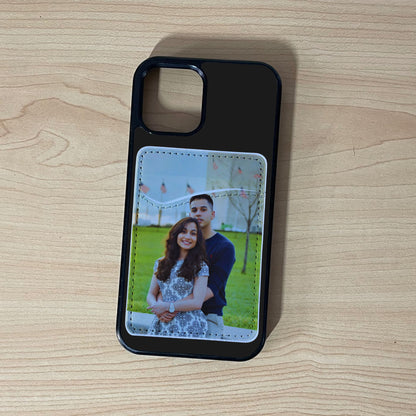 Custom plain phone case with phone wallet/card holder with couple photo on a wooden surface