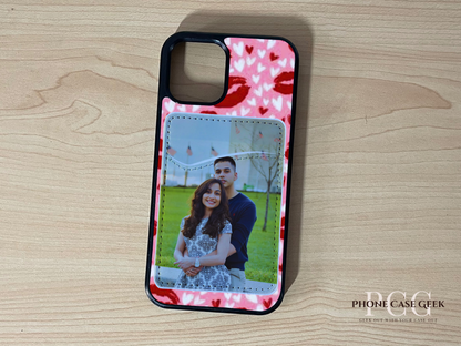 Custom phone case with heart and kiss design with phone wallet/card holder with couple photo on a wooden surface