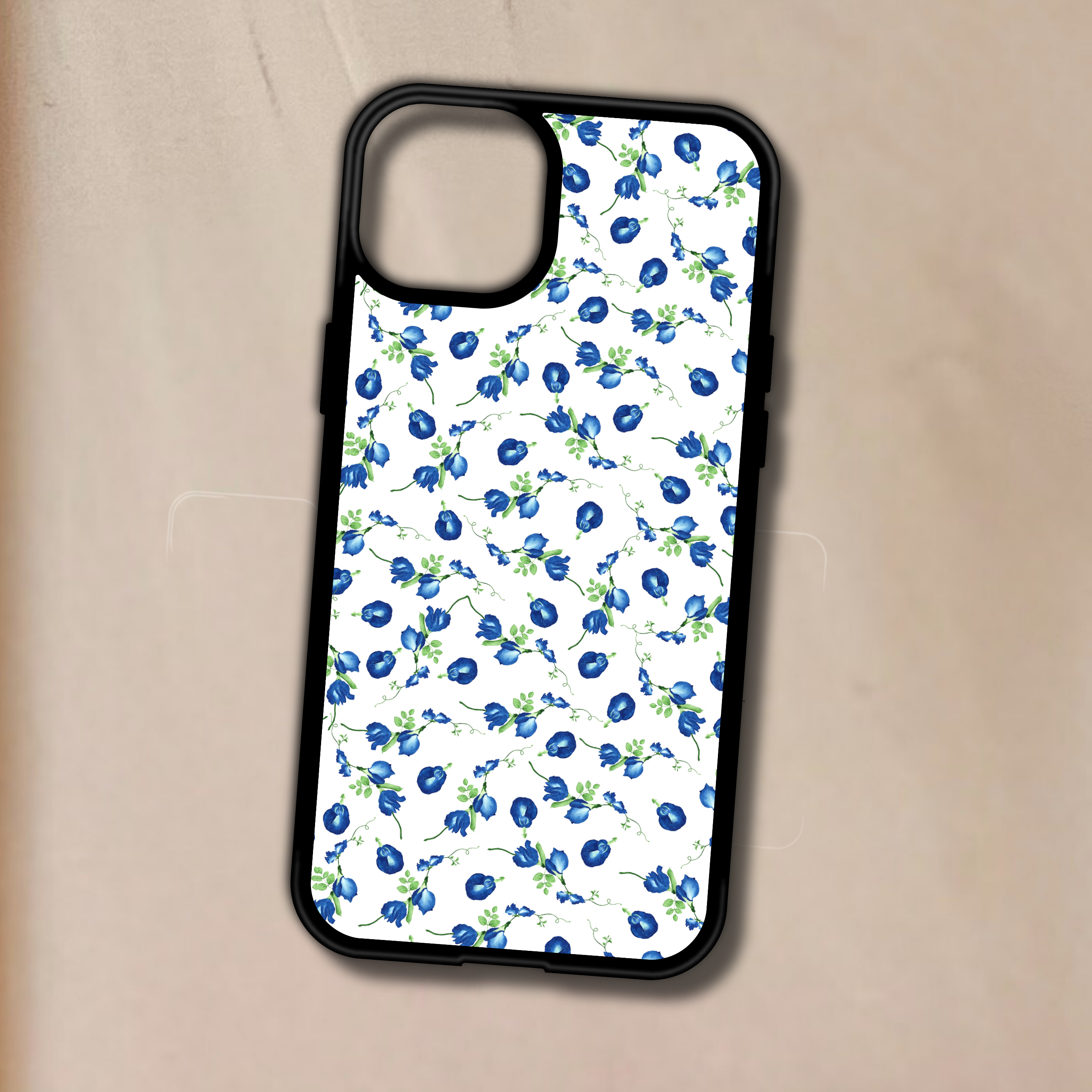 Phone case with blue floral pattern on a beige background