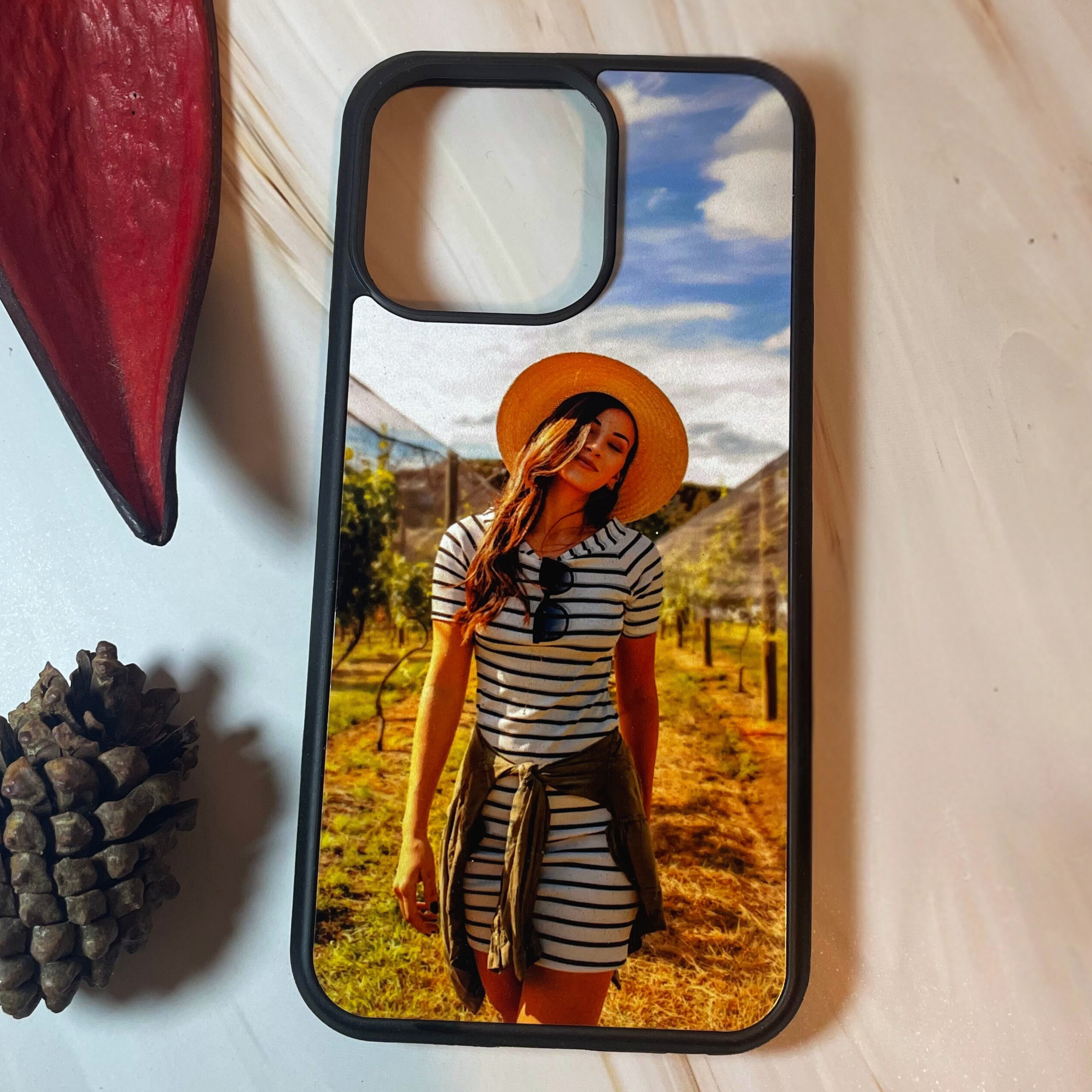Custom phone case with one photo design featuring a girl in a scenic nature background.