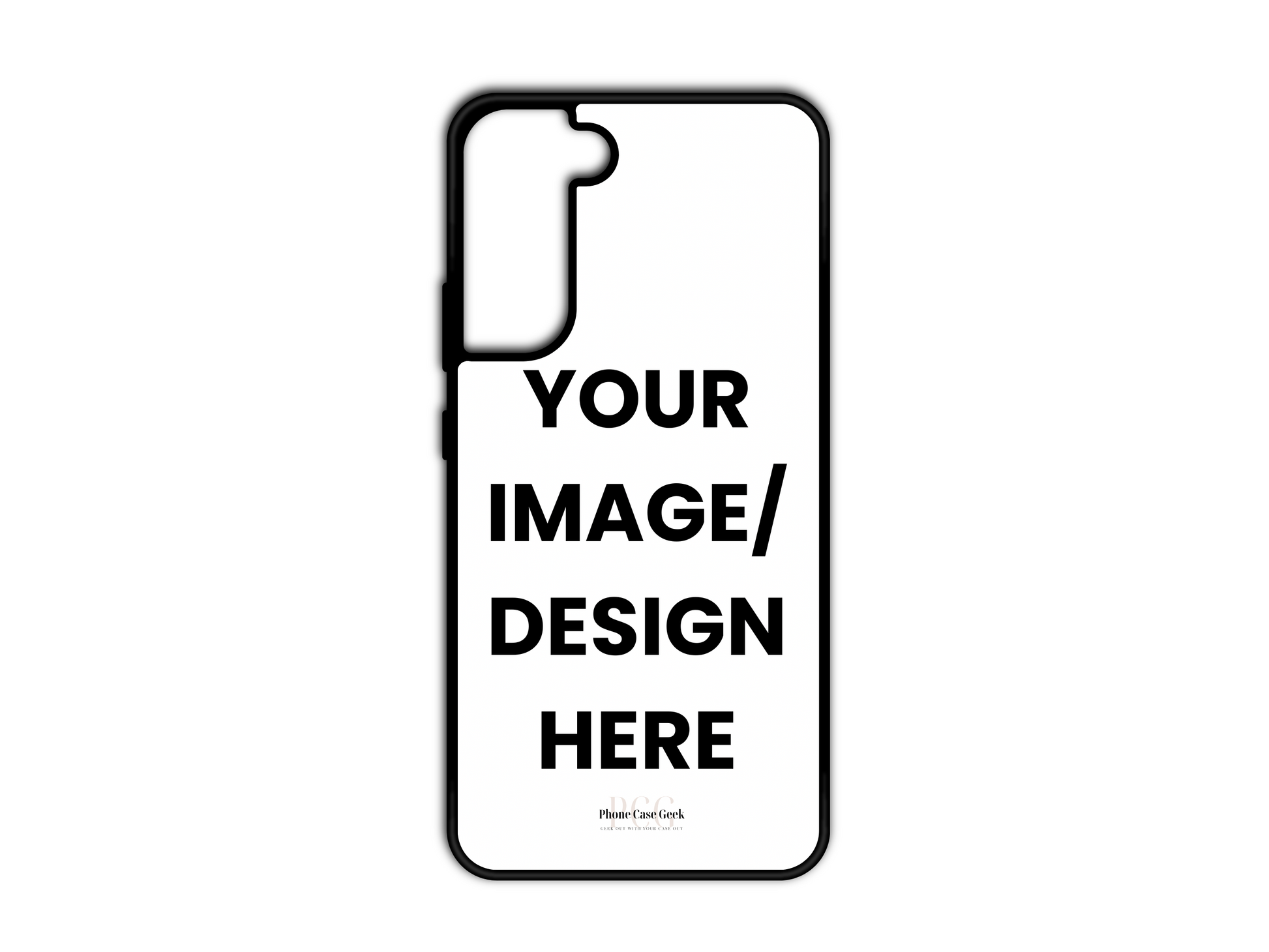 Template design for a custom phone case for Samsung Galaxy S21 & S21+, illustrating the layout and personalization options available