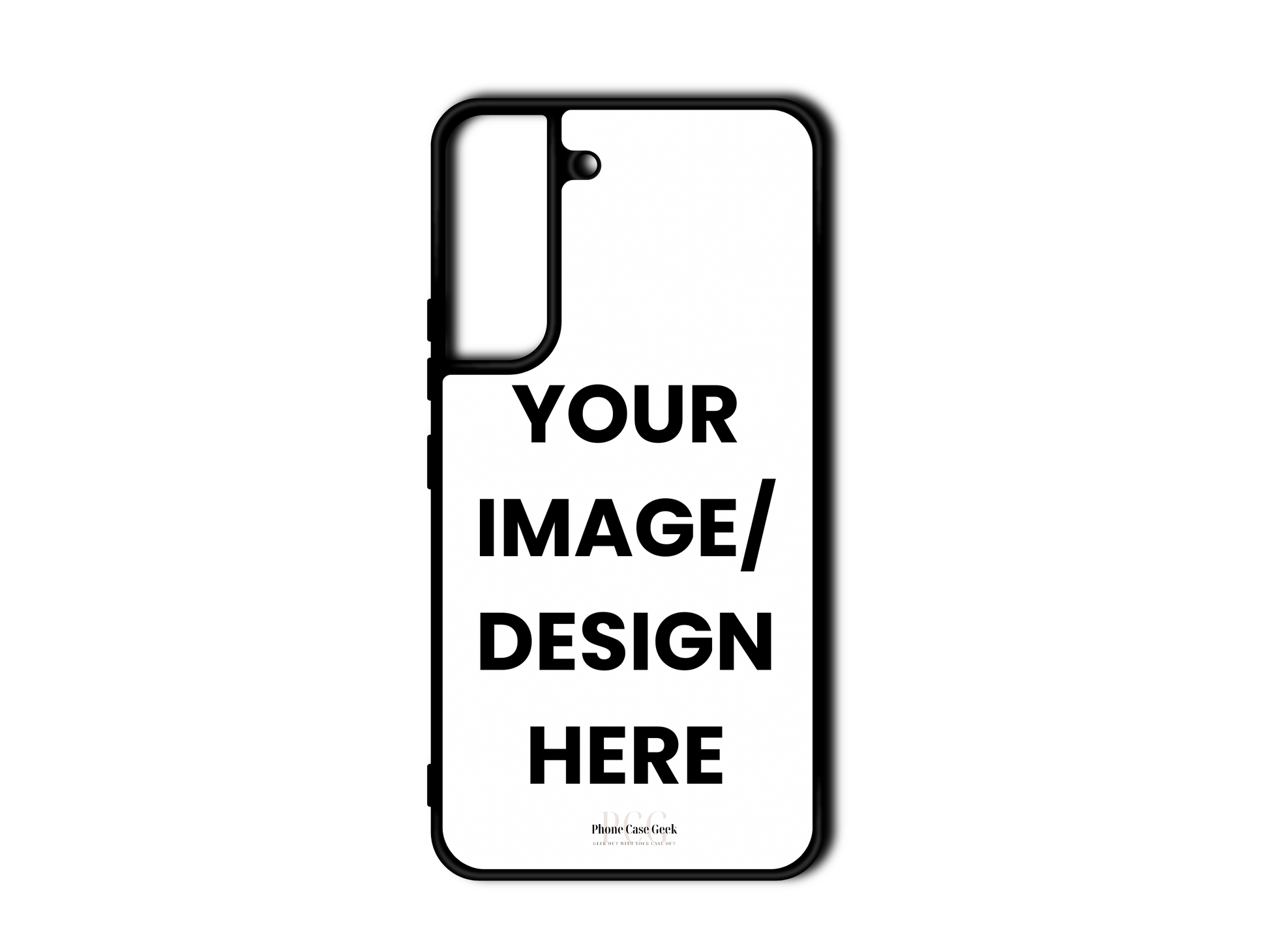 Template design for a custom phone case for Samsung Galaxy S22 & S22+, illustrating the layout and personalization options available