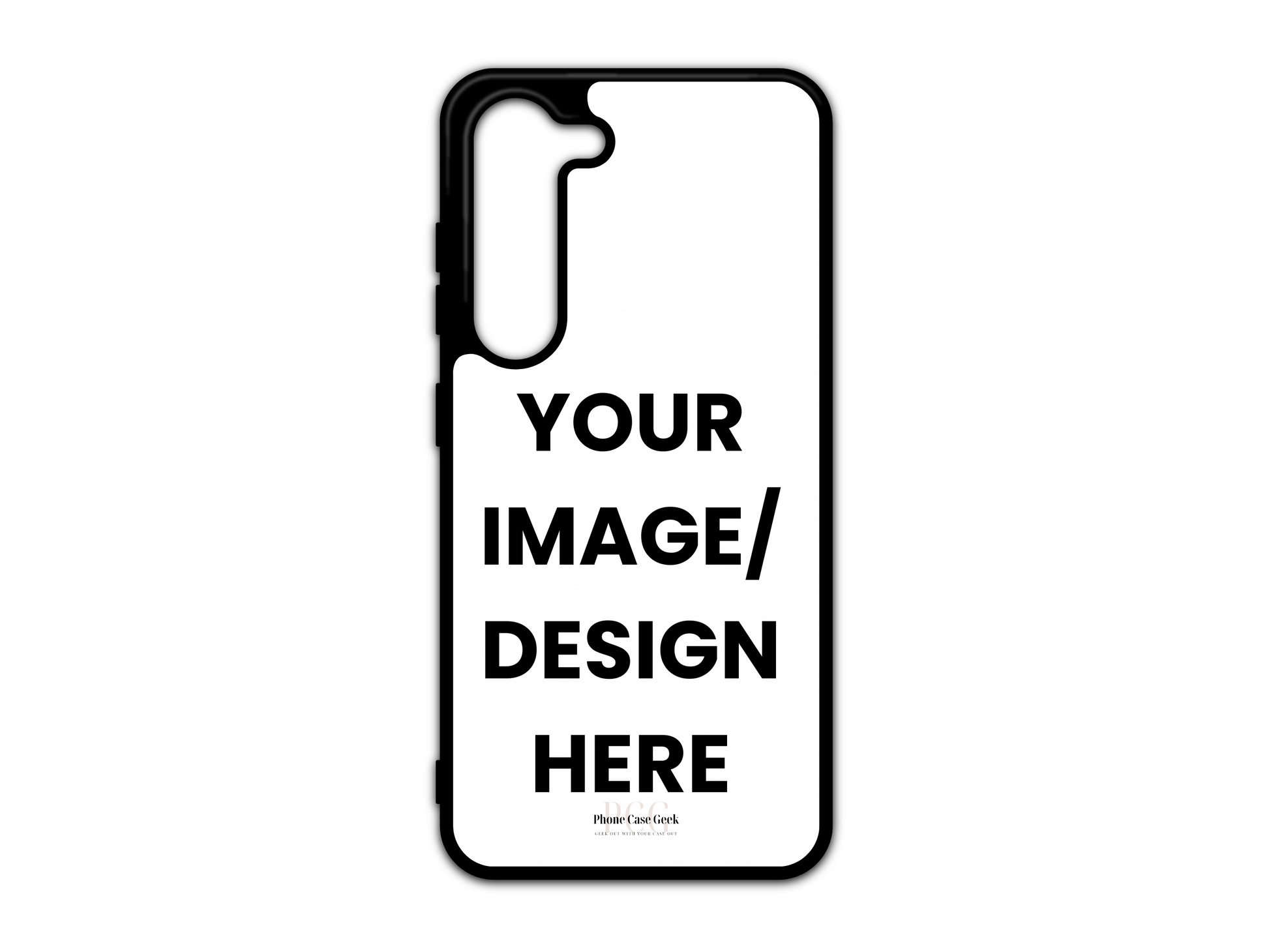 Template design for a custom phone case for Samsung Galaxy S23 & S23+, illustrating the layout and personalization options available