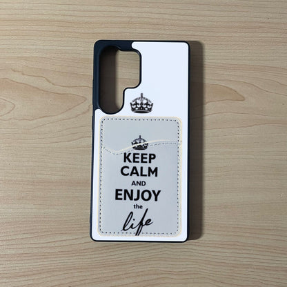 Custom phone case with 'Keep Calm and Enjoy the Life' text with matching phone wallet/card holder on a wooden surface